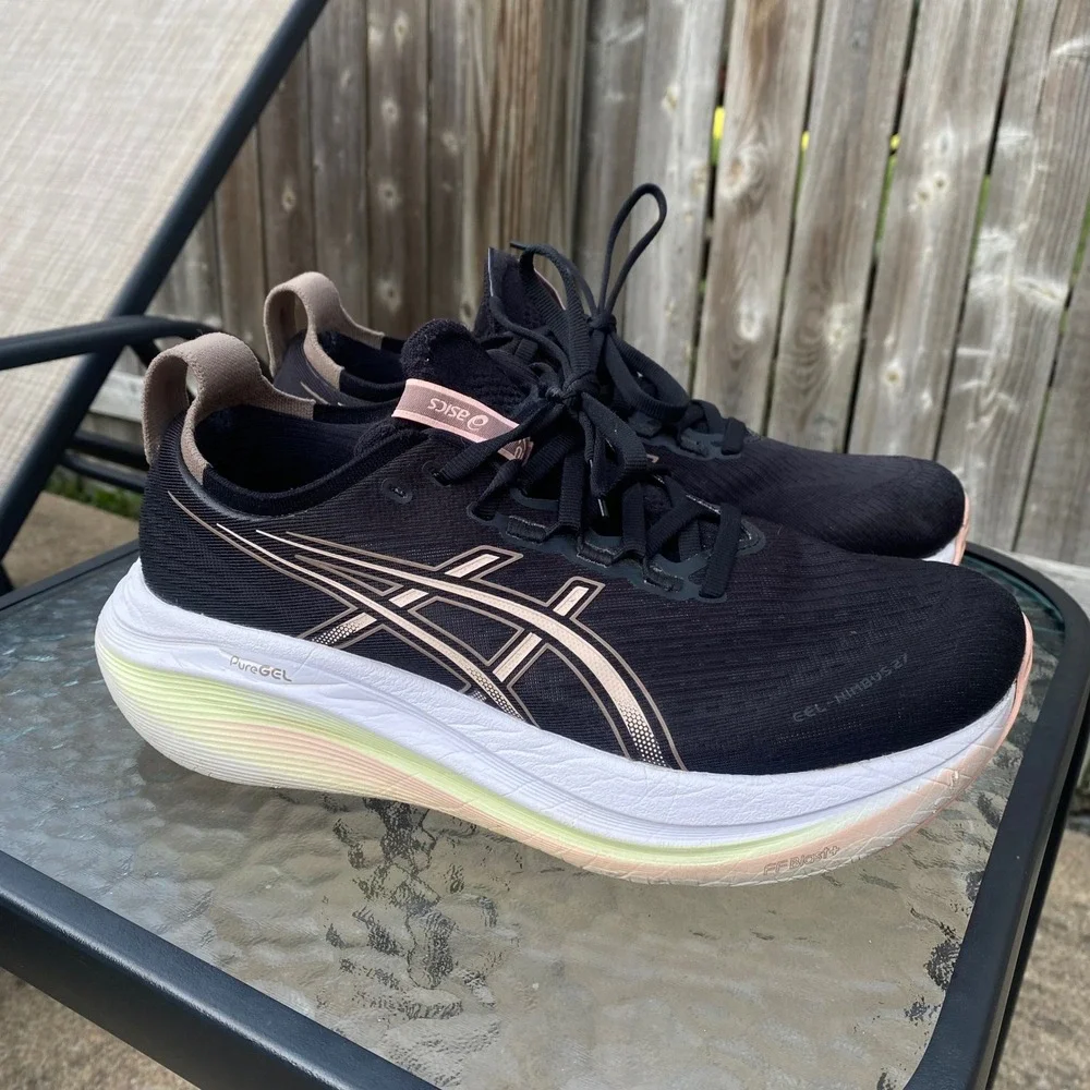 ASICS Gel-Nimbus 27 Womens Running Shoes Size 8.5 Black Rose Gold 1012B753 Gym